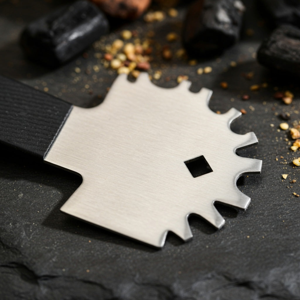 Close-up of stainless steel scraper edge for braai grids