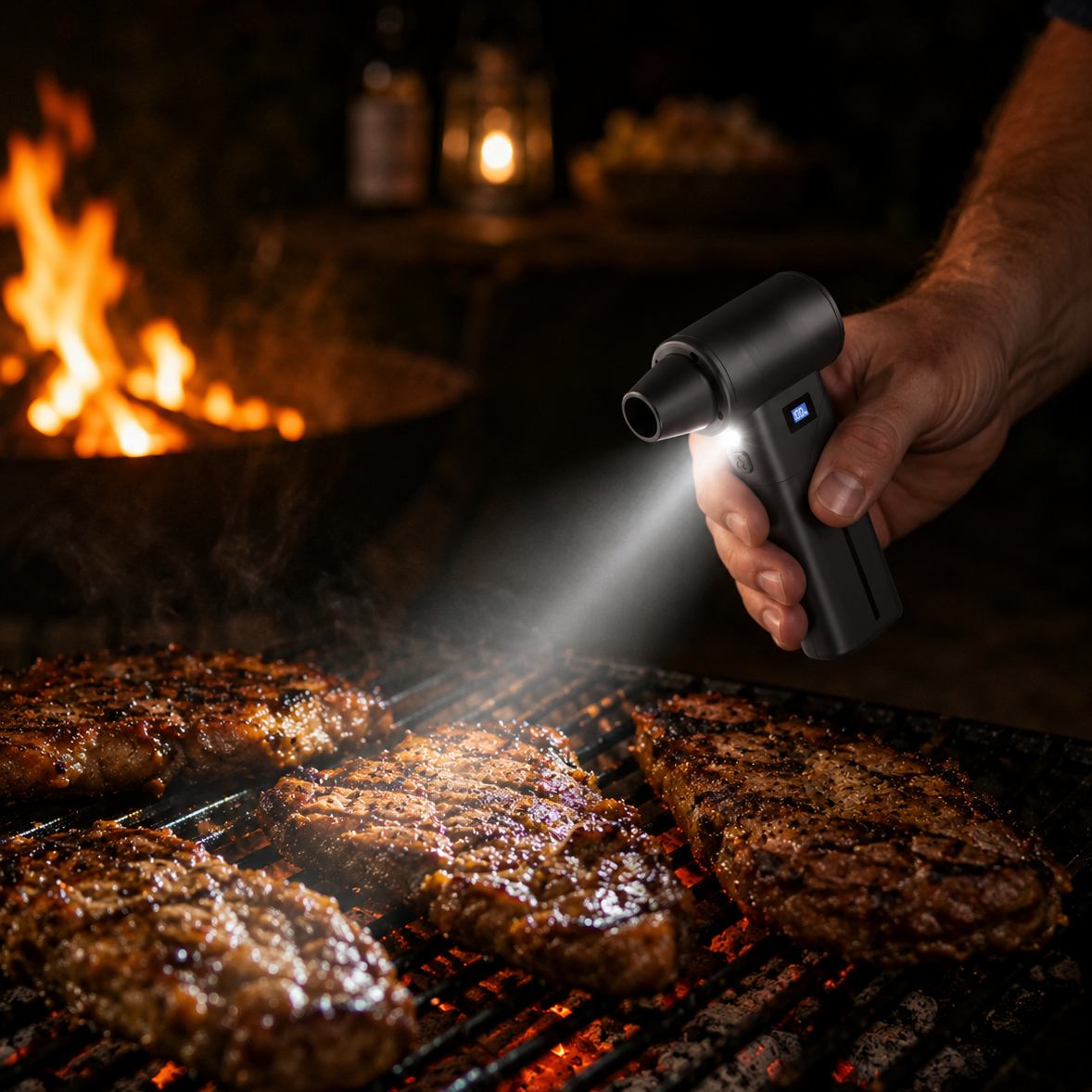 Person using a Braai Buddy Pro to cook meat on a grill with a dark background.