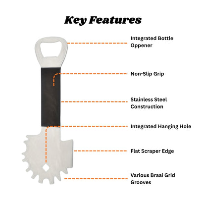 Multi-use braai tool for cleaning and opening bottles